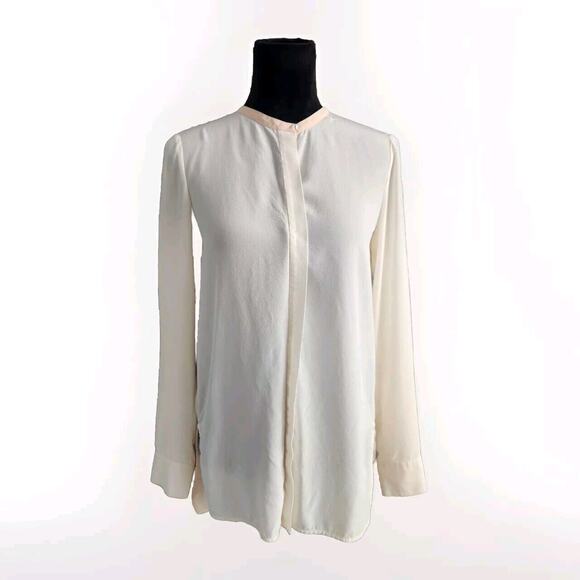 VINCE 100% Silk Long Sleeve Colorblock Blouse Top Size 6 Ivory Peach Split Neck - Picture 2 of 10